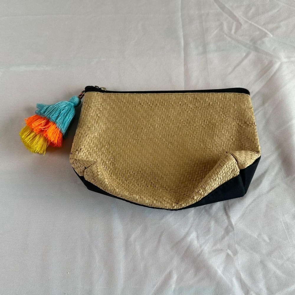 Nordstrom Woven Straw Makeup Bag Black Multi Color Tassel Pouch Zip Top